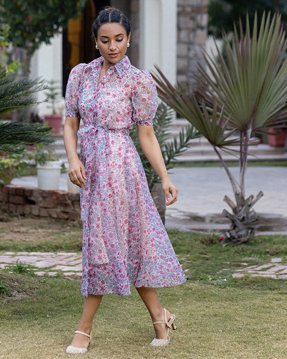 BLOCK PRINT ORGANZA SHIRT DRESS