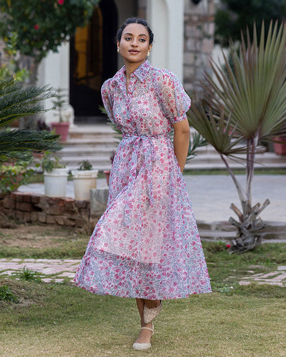BLOCK PRINT ORGANZA SHIRT DRESS