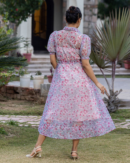 BLOCK PRINT ORGANZA SHIRT DRESS