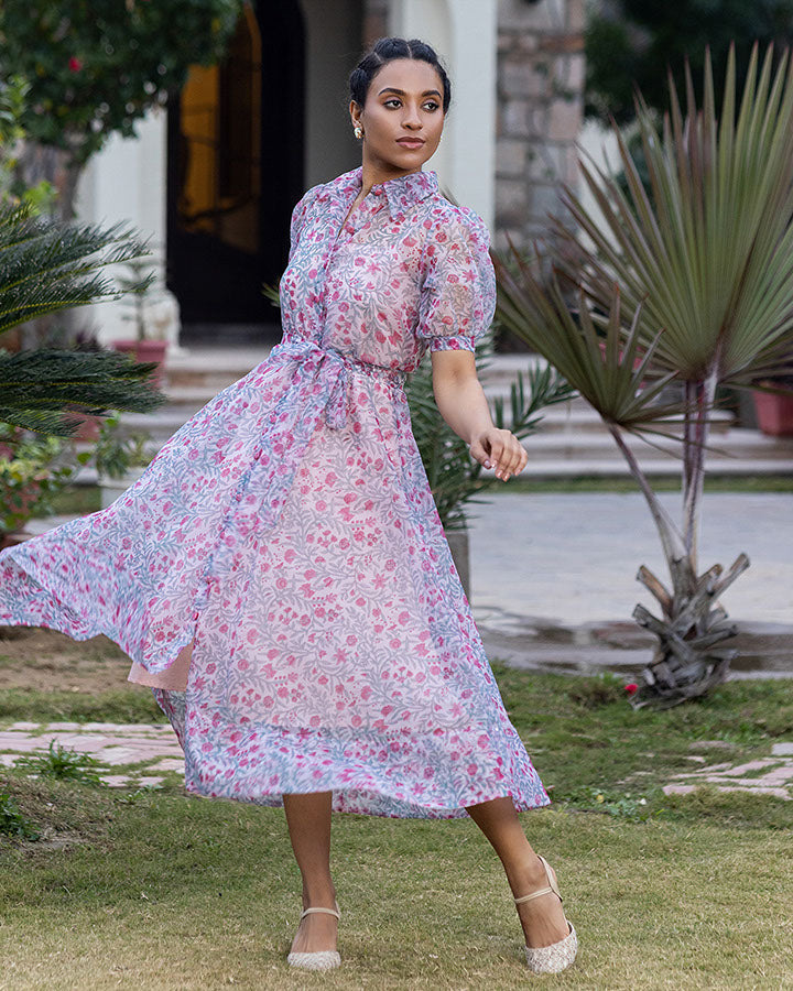 BLOCK PRINT ORGANZA SHIRT DRESS