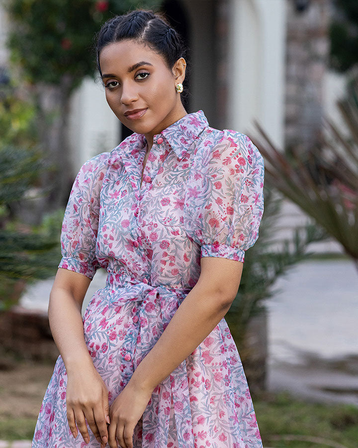 BLOCK PRINT ORGANZA SHIRT DRESS