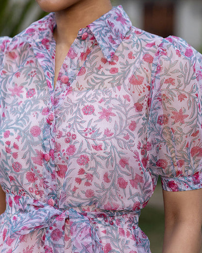 BLOCK PRINT ORGANZA SHIRT DRESS