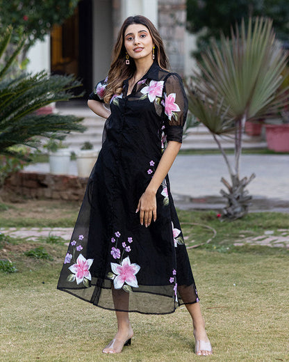 BLACK ORGANZA SHIRT DRESS