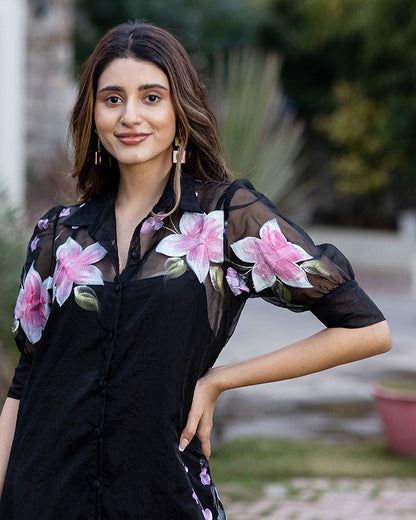 BLACK ORGANZA SHIRT DRESS
