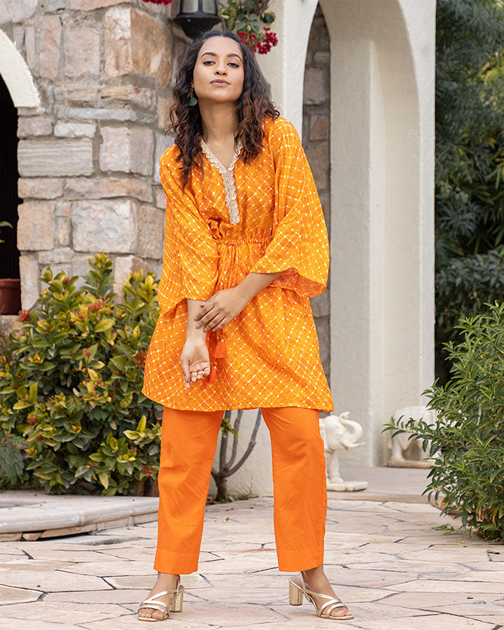 Orange Leheriya kurta set Set
