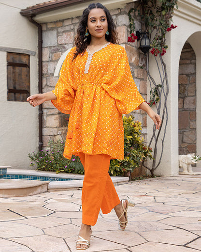 Orange Leheriya kurta set Set