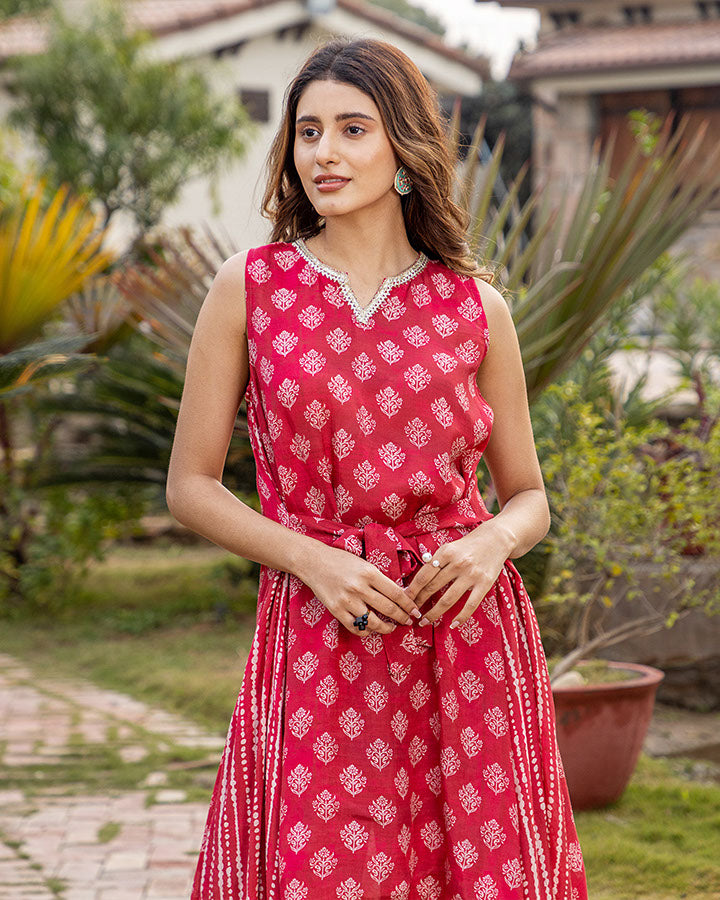 Red Muslin Kurta Set