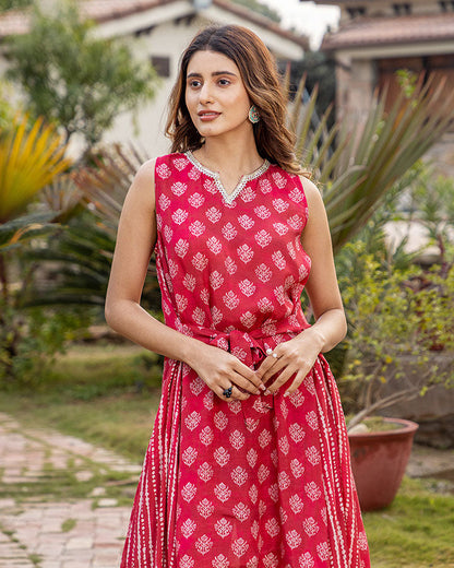 Red Muslin Kurta Set