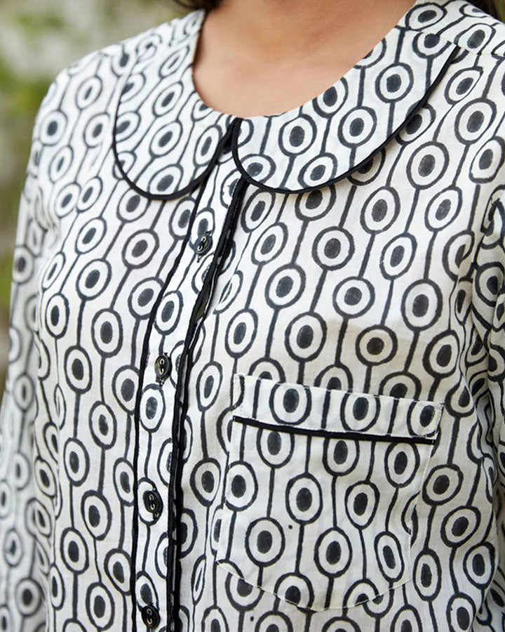 Black and white circle patterned cotton night suit set