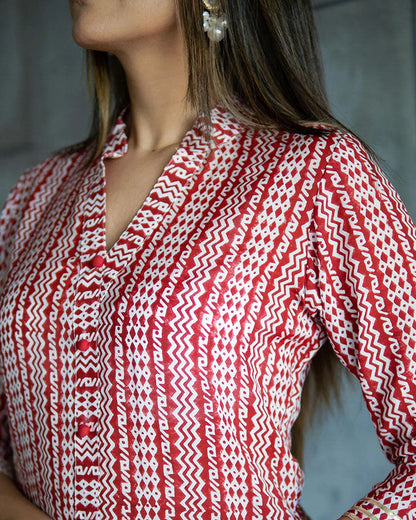 Red Muslin Tribal Print Kurta Set