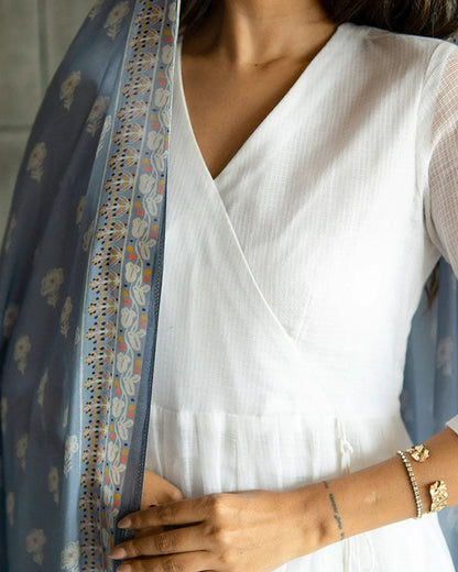 Angrakha-style suit ensemble in white Kota Doria fabric