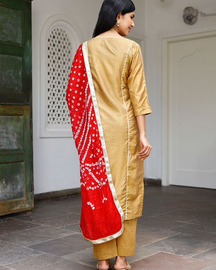 Chanderi Suit Set for Women with Red Dupatta | Designer Ethnic Kurta Set | Party Wear Suit Set | Ambraee