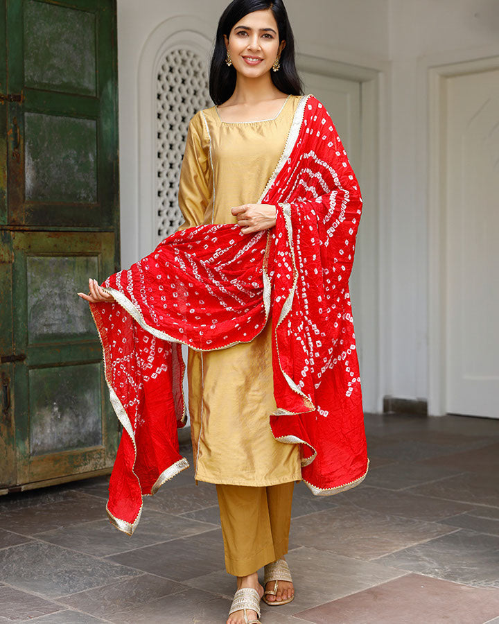 Chanderi Suit Set for Women with Red Dupatta | Designer Ethnic Kurta Set | Party Wear Suit Set | Ambraee