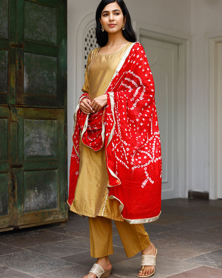 Chanderi Suit Set for Women with Red Dupatta | Designer Ethnic Kurta Set | Party Wear Suit Set | Ambraee