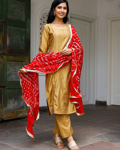 Chanderi Suit Set for Women with Red Dupatta | Designer Ethnic Kurta Set | Party Wear Suit Set | Ambraee