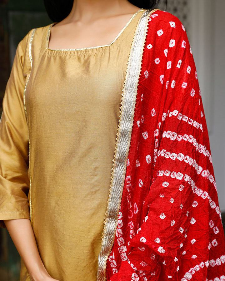 Chanderi Suit Set for Women with Red Dupatta | Designer Ethnic Kurta Set | Party Wear Suit Set | Ambraee