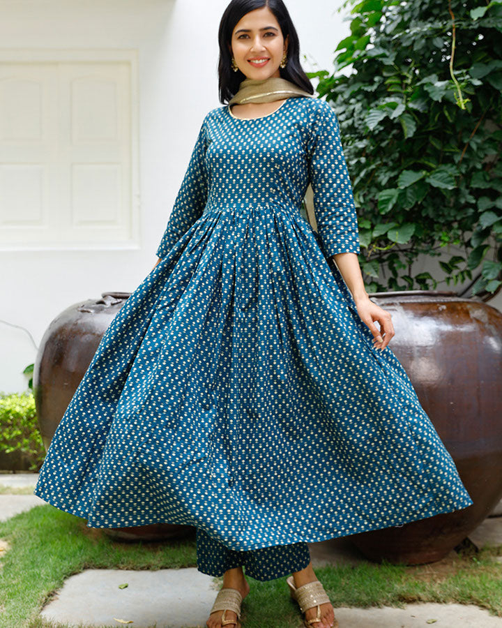 Blue Printed Gota Suit Set