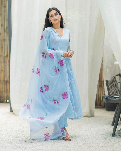 Blue Floral Handpainted Suit Set