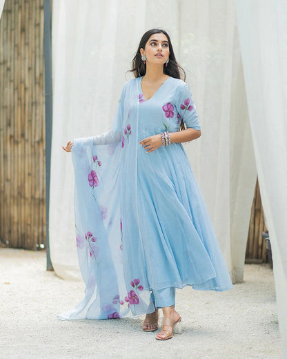 Blue Floral Handpainted Suit Set