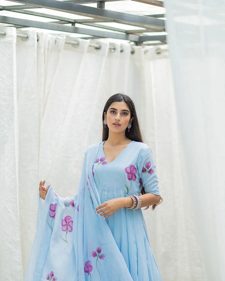 Blue Floral Handpainted Suit Set
