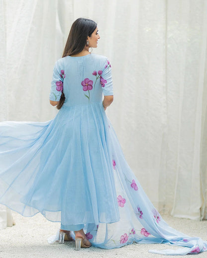 Blue Floral Handpainted Suit Set