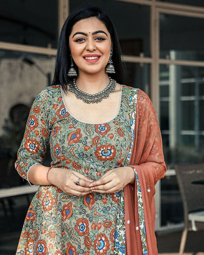 Floral suit in brown cotton with elegant floral accents