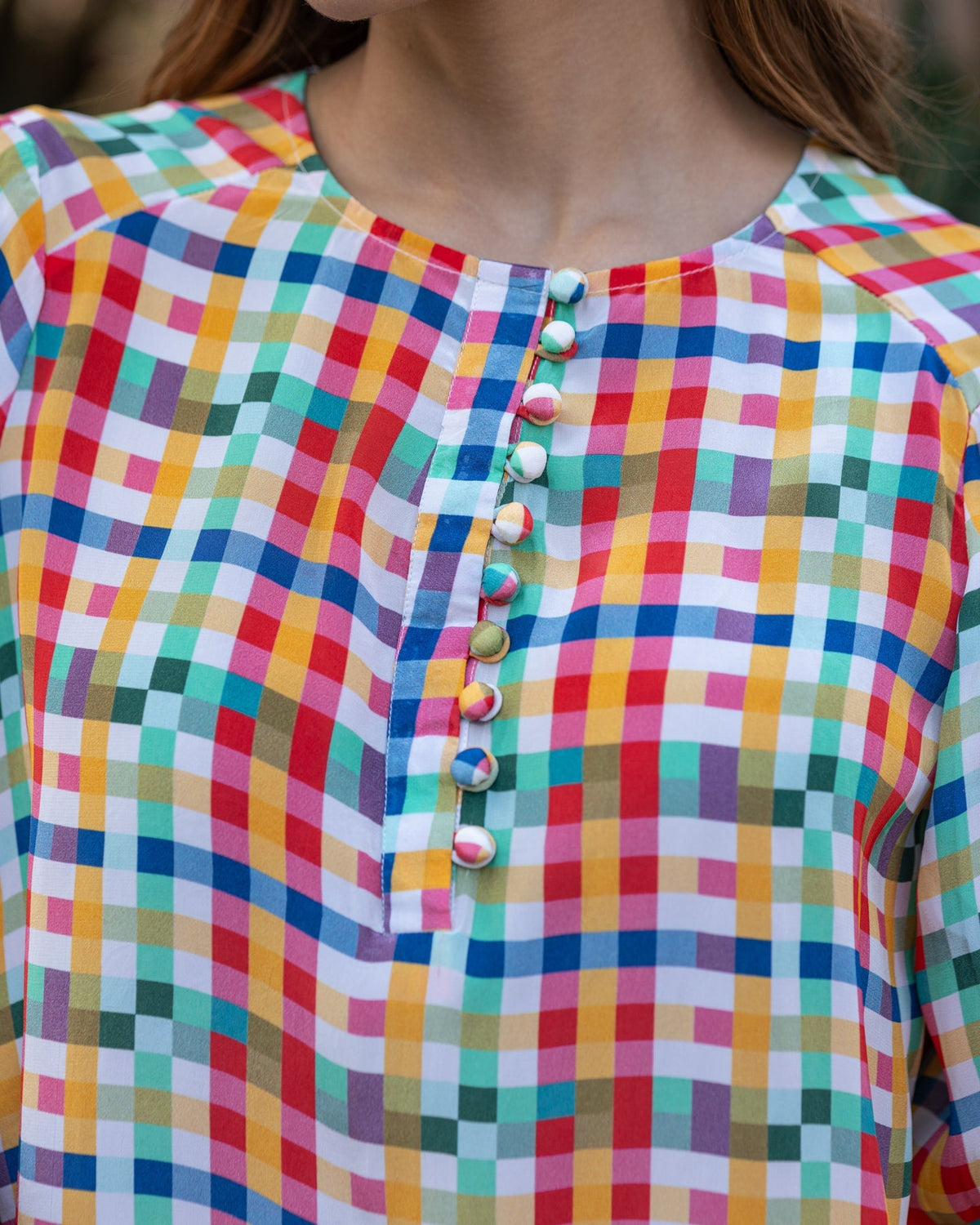 White Multi-hued Check Top