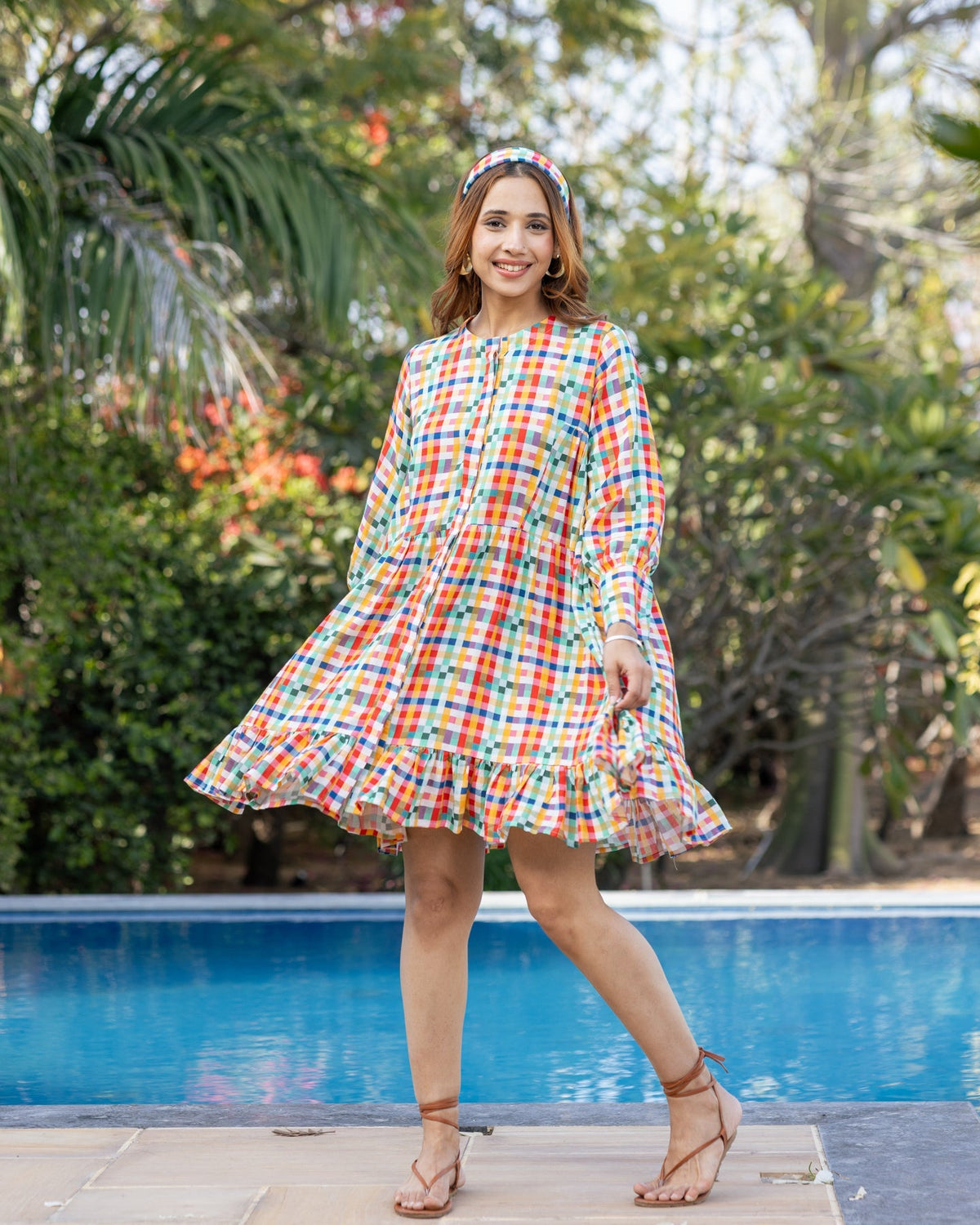 White Multi-hued Check Dress