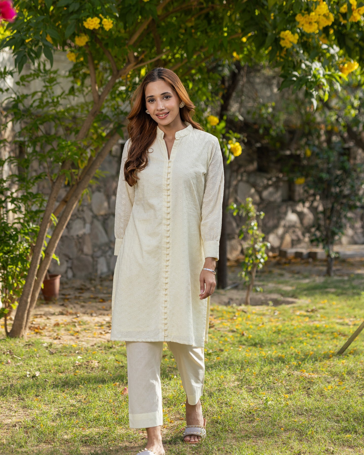 Solid Yellow Schiffli Kurta Set