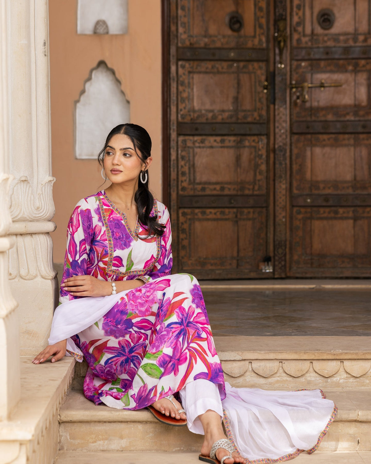 White Aquarelle Floral Suit Set