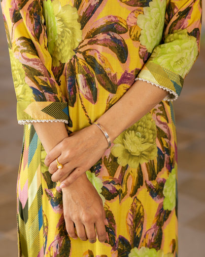 Mustard Aquarelle Floral Kurta Set