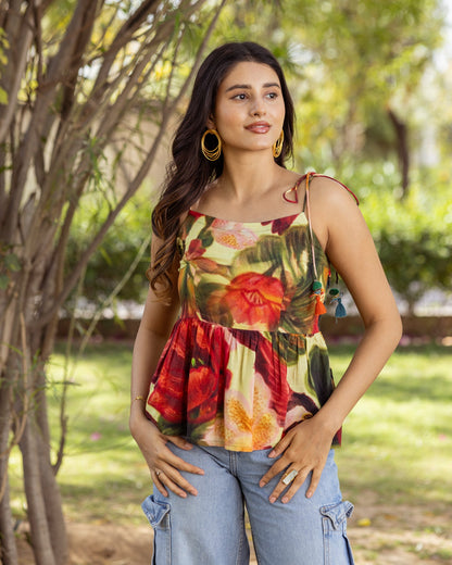 Yellow Aquarelle Floral Peplum Top
