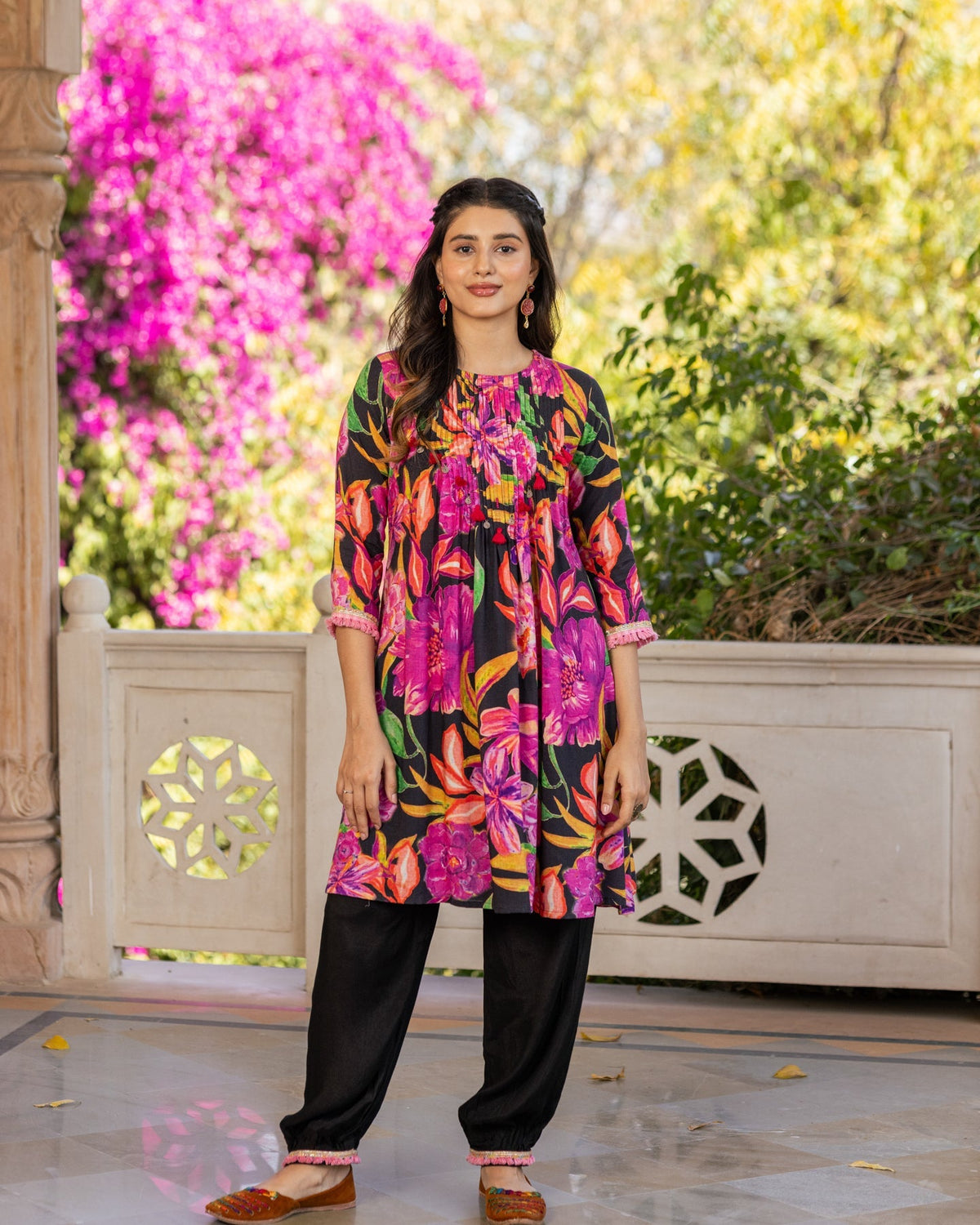 Black Aquarelle Floral Kurta Set