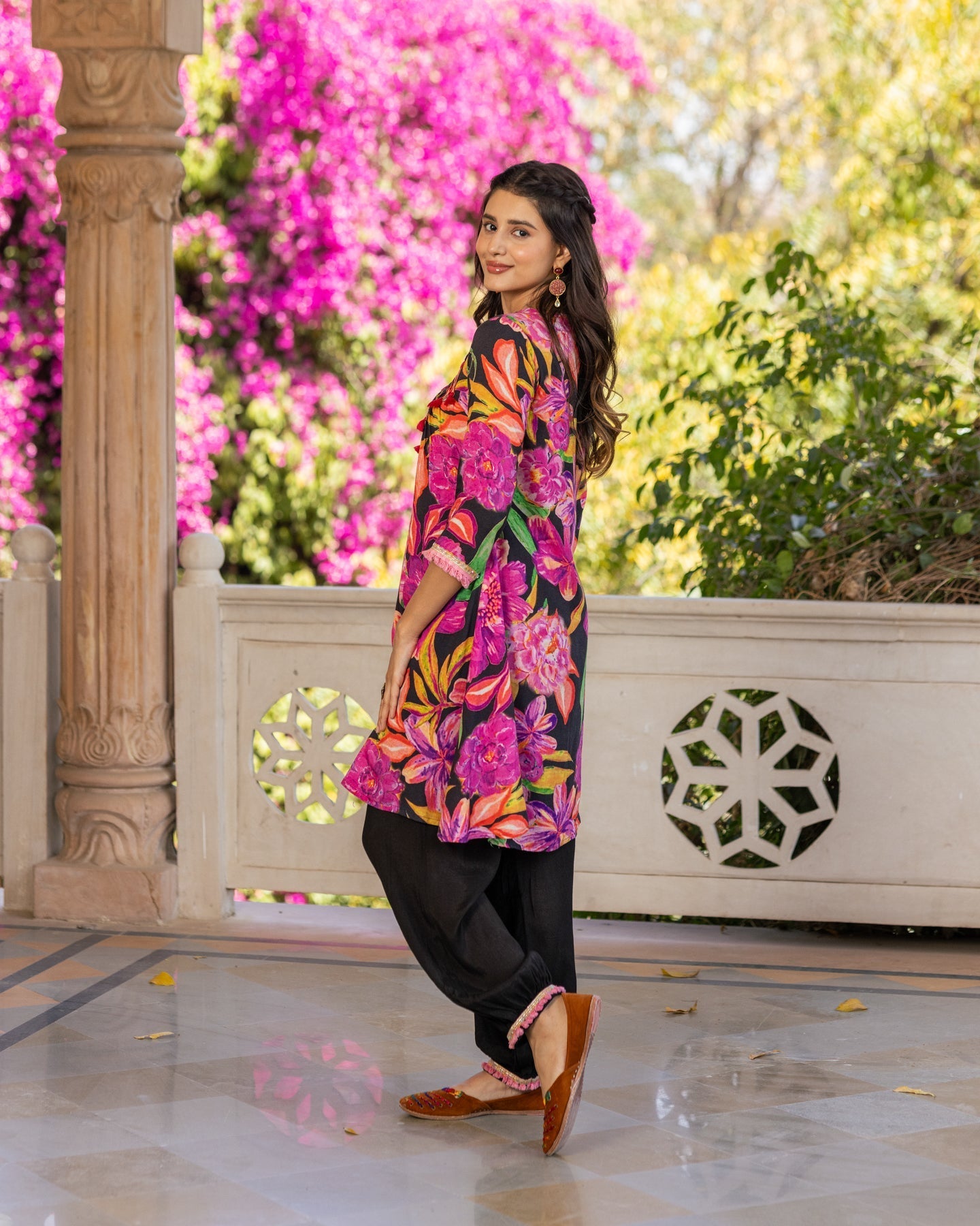 Black Aquarelle Floral Kurta Set
