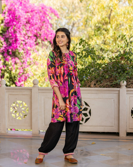 Black Aquarelle Floral Kurta Set