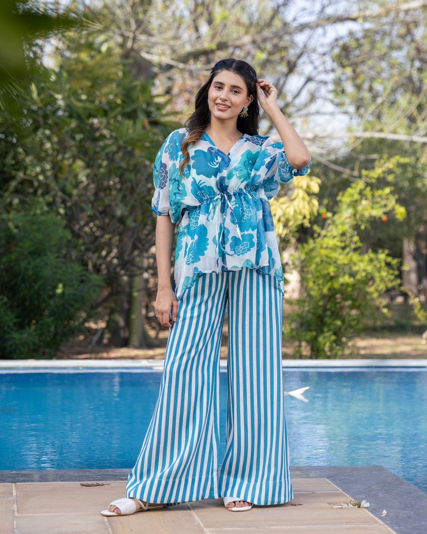 White Floral & Stripes co-ord set