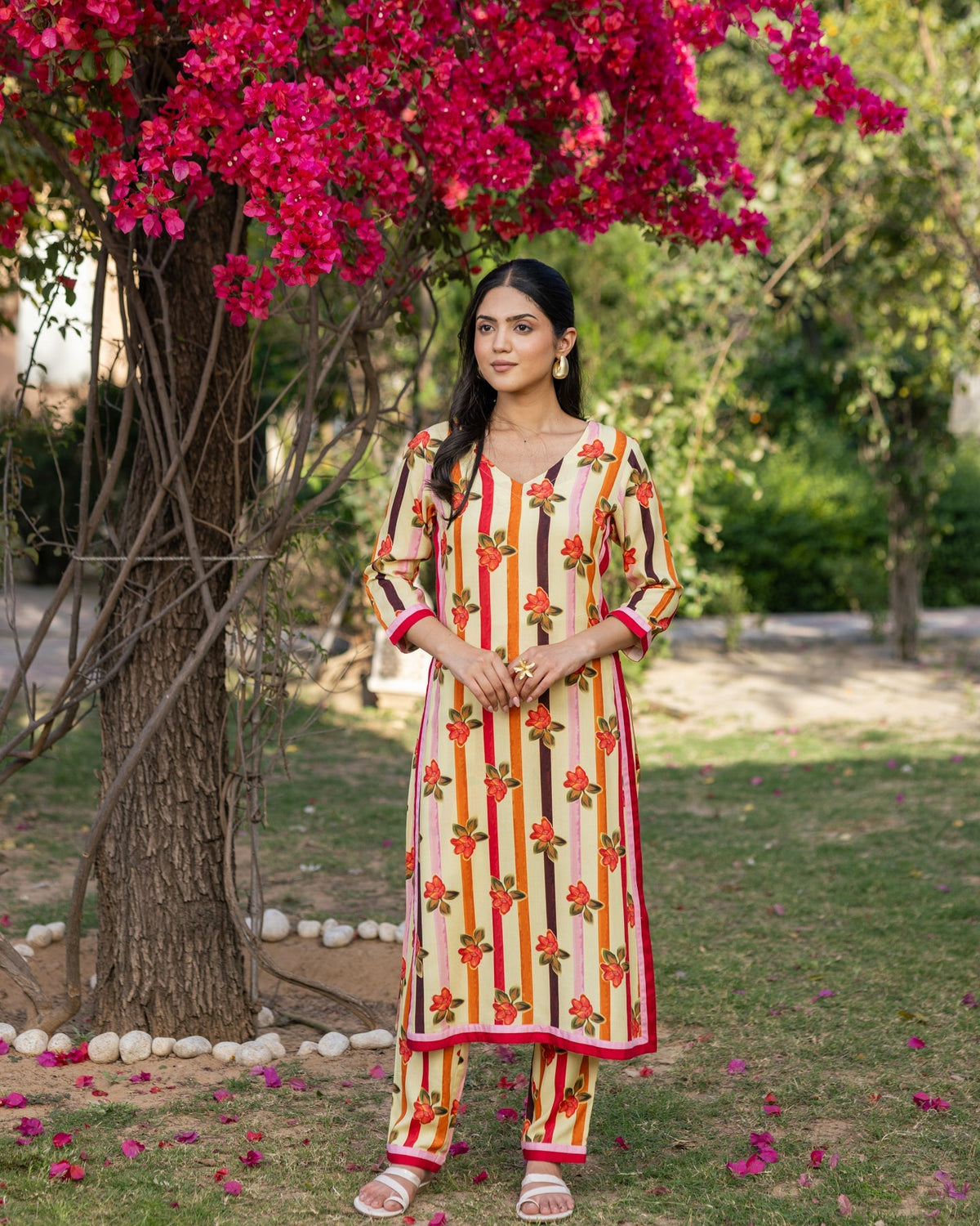 Yellow Stripes & Floral Kurta Set