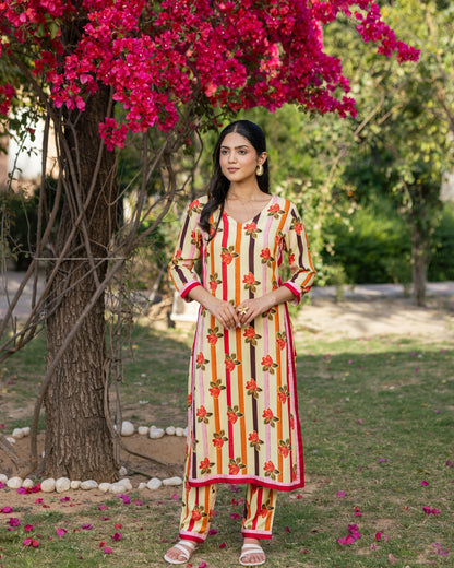 Yellow Stripes & Floral Kurta Set
