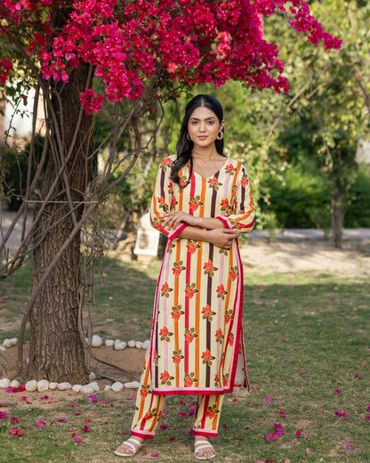 Yellow Stripes & Floral Kurta Set
