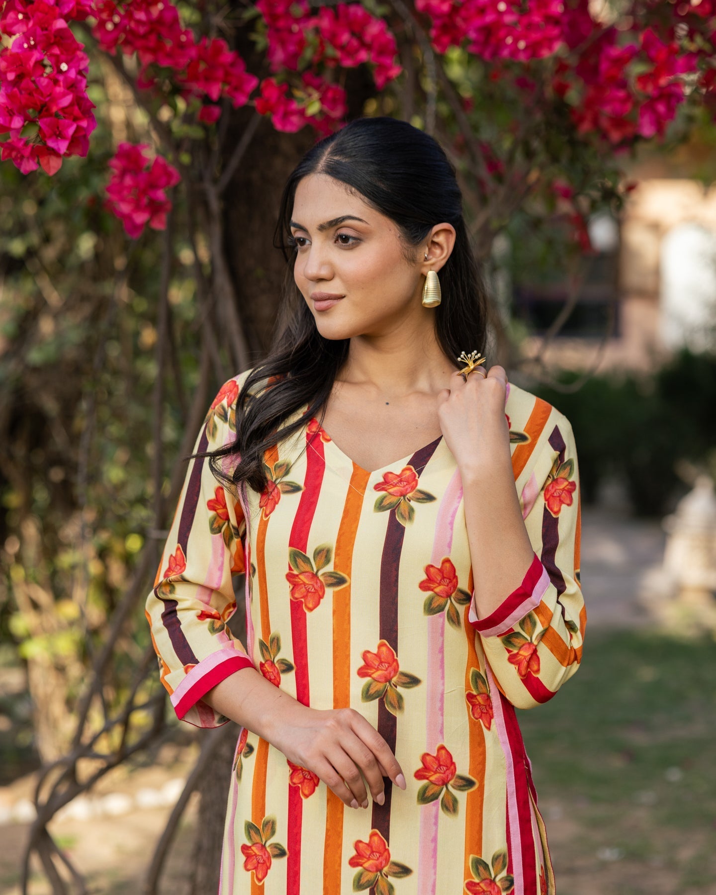 Yellow Stripes & Floral Kurta Set