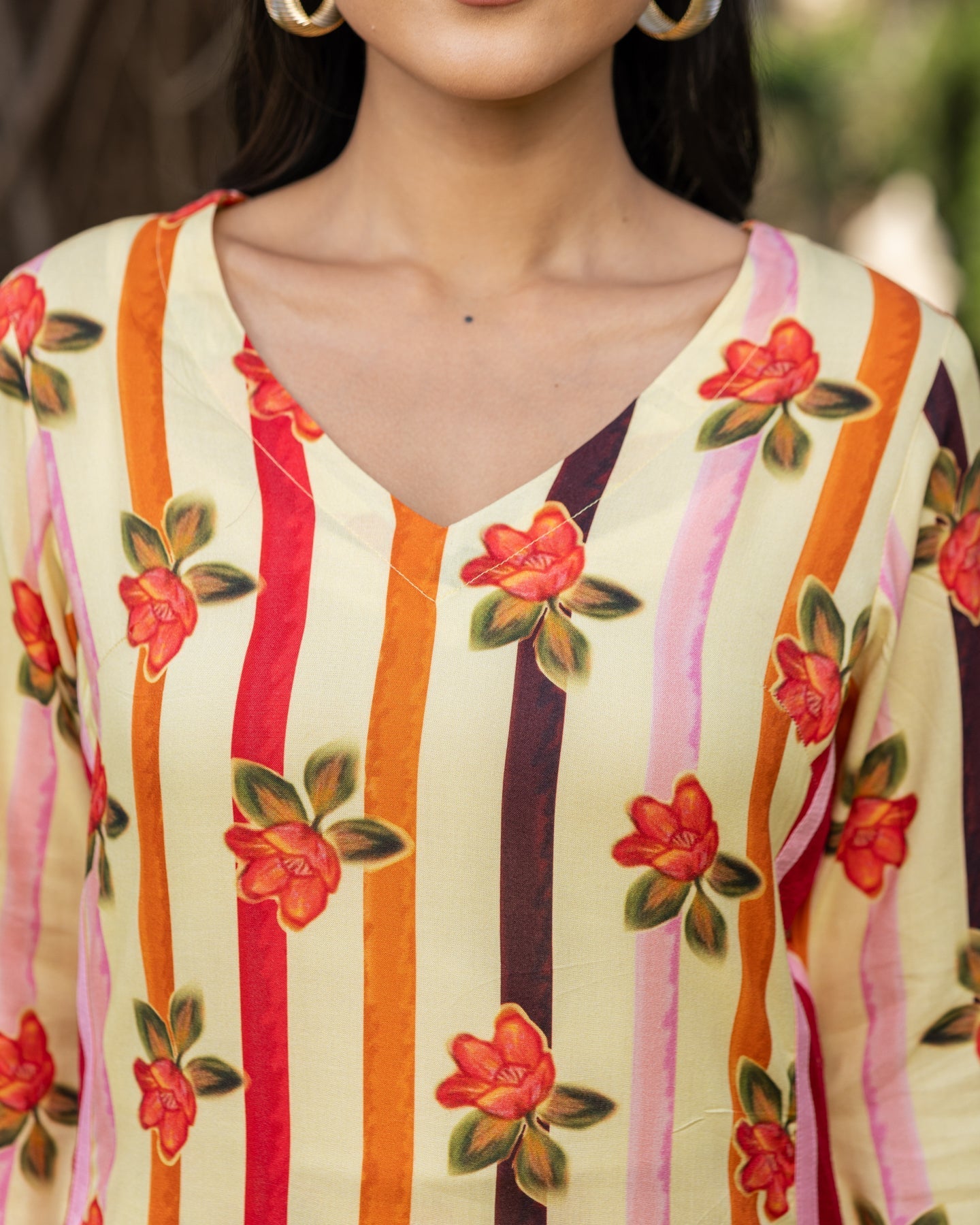 Yellow Stripes & Floral Kurta Set