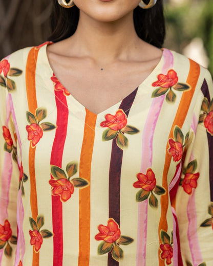 Yellow Stripes & Floral Kurta Set