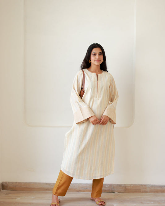 Beige Striped Kurta Set