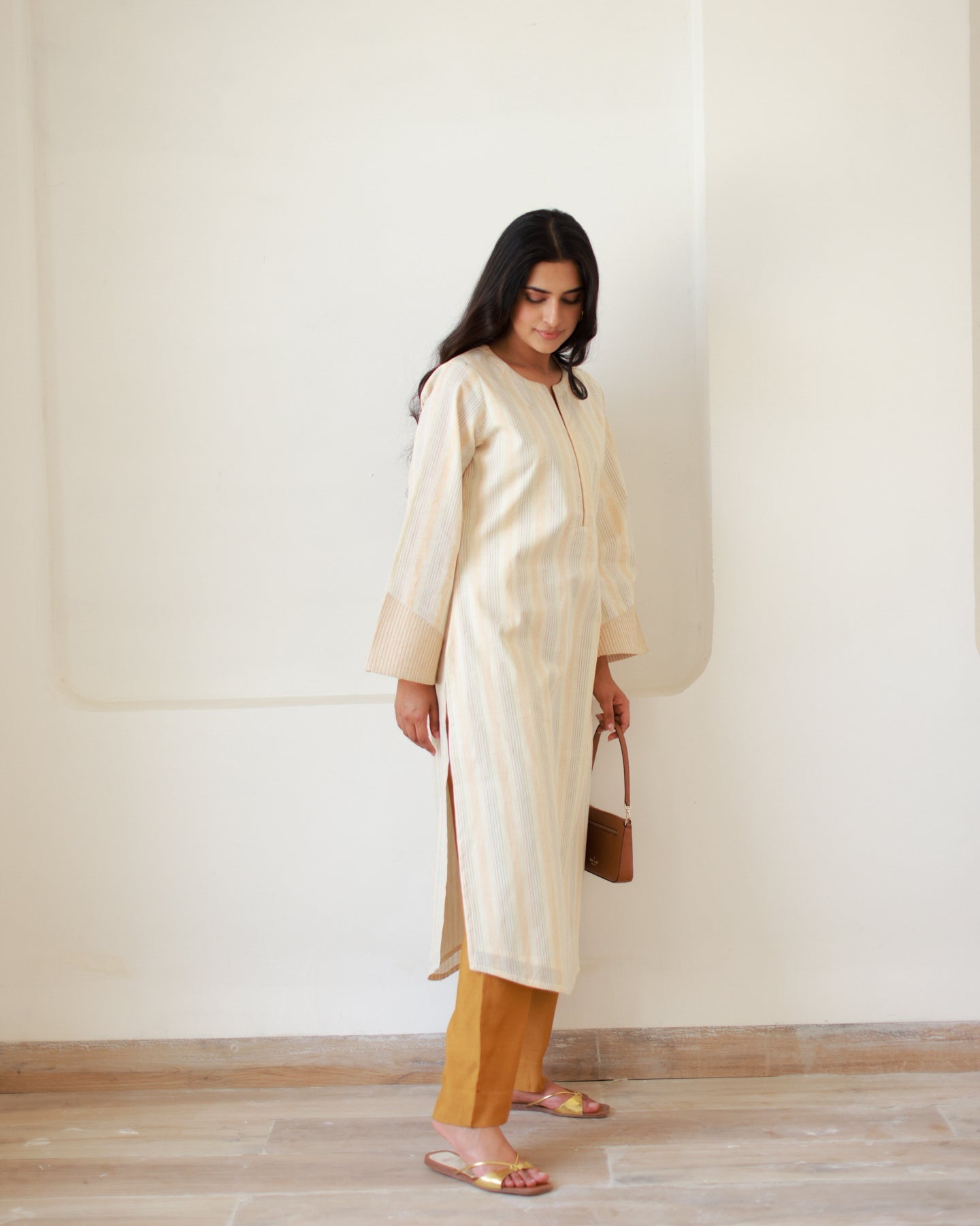 Beige Striped Kurta Set