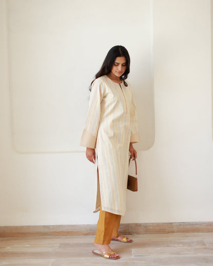 Beige Striped Kurta Set
