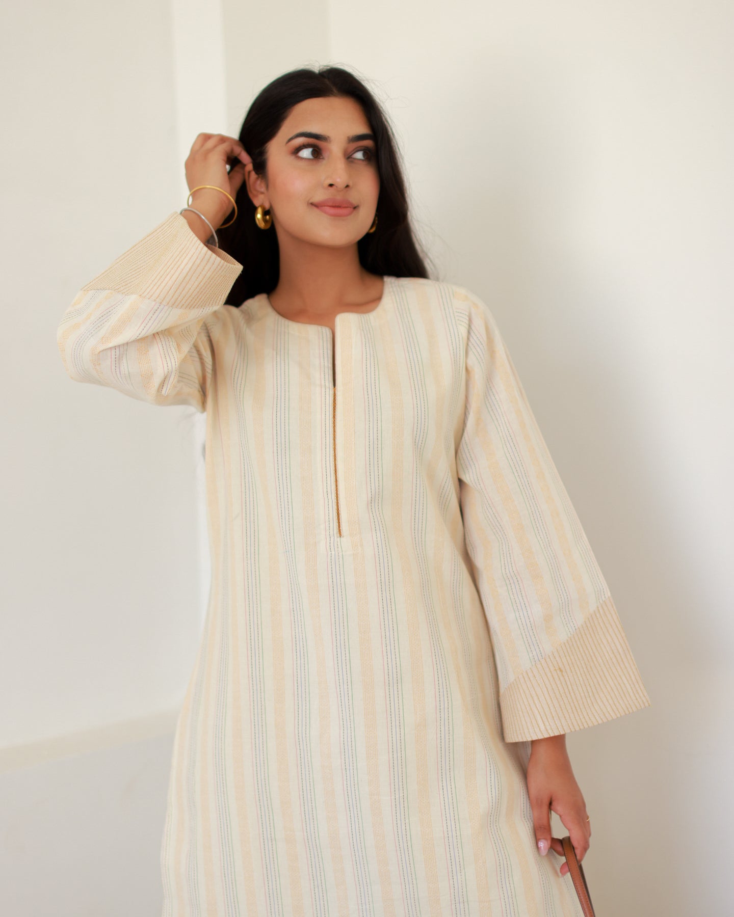 Beige Striped Kurta Set