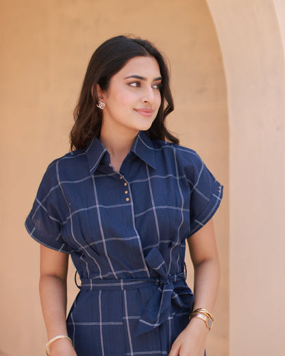 Navy Clean Check Shirt Dress
