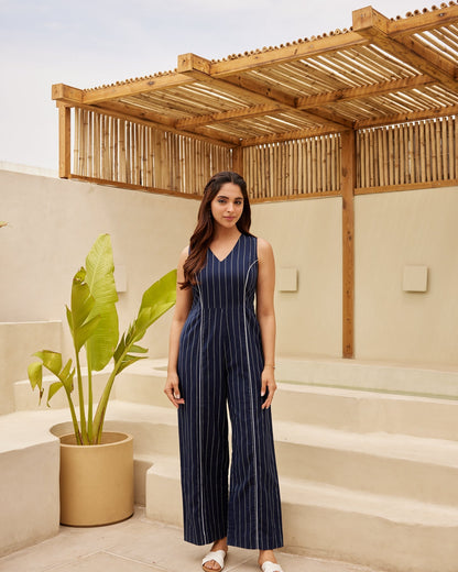 Dark Blue Pinstripe Jumpsuit