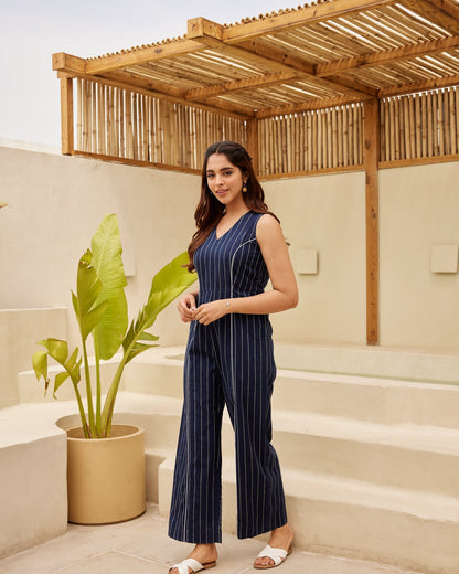 Dark Blue Pinstripe Jumpsuit