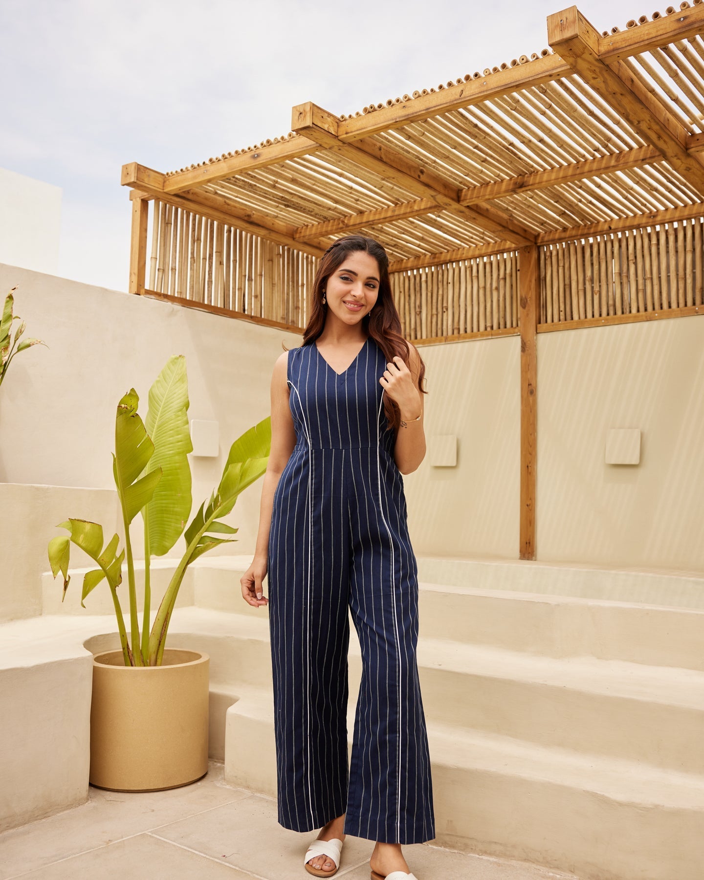 Dark Blue Pinstripe Jumpsuit